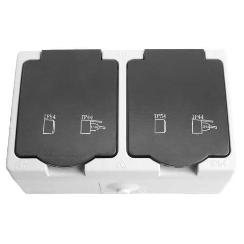 Розетка 2-местная с крышкой с/з STEKKER PST16-12-54, пластик АВS, 250В, 16А, IP54, серый/графит Розетка 2-местная с крышкой с/з STEKKER PST16-12-54, пластик АВS, 250В, 16А, IP54, серый/графит