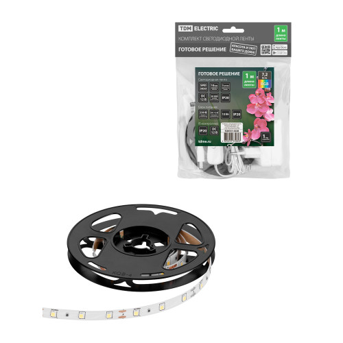 Комплект светодиодной ленты SMD5050-30 LED/м-12 В-7,2 Вт/м-IP20-RGB (1 м), 12 Вт, IR-контроллер TDM