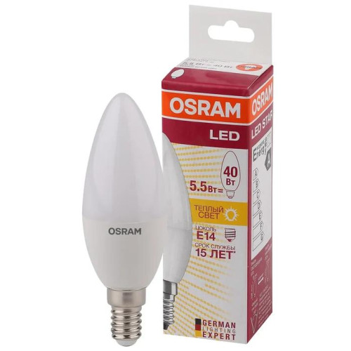 Лампа светодиодная LED Star Classic B 40 5W/827 5Вт свеча матовая 2700К тепл. бел. E14 470лм 220-240В пластик. OSRAM 4052899971608 Лампа светодиодная LED Star Classic B 40 5W/827 5Вт свеча матовая 2700К тепл. бел. E14 470лм 220-240В пластик. OSRAM 4052899971608