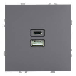 Розетка 2-местная USB + Type C (механизм), STEKKER, 250В, 20W, серия Эмили, RST10-5115-10, платиново-серый, soft touch