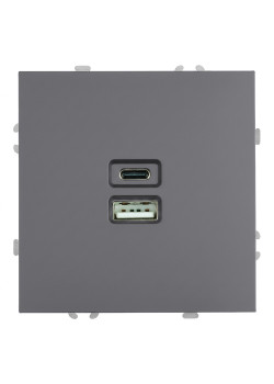 Розетка 2-местная USB + Type C (механизм), STEKKER, 250В, 20W, серия Эмили, RST10-5115-10, платиново-серый, soft touch