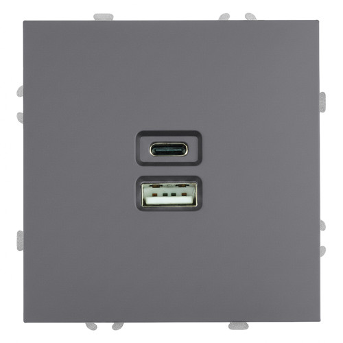 Розетка 2-местная USB + Type C (механизм), STEKKER, 250В, 20W, серия Эмили, RST10-5115-10, платиново-серый, soft touch