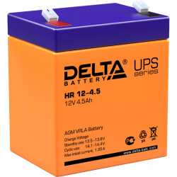 Батарея DELTA серия HR, HR 12-4,5, напряжение 12В, емкость 4.5Ач (разряд 20 часов),  макс. ток разряда (5 сек.) 67.5А, макс. ток заряда 1.35А, свинцово-кислотная типа AGM, клеммы F1, ДxШxВ 90х70х101мм., вес 1.75кг., срок службы 8 лет./ Battery DELTA serie