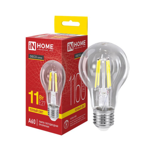 Лампа светодиодная LED-A60-deco 11Вт грушевидная прозрачная 3000К тепл. бел. E27 1160лм 230В IN HOME 4690612026121
