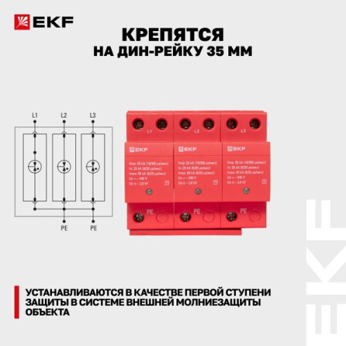УЗИП Класс 1 Iimp 25kA (10/350μs) 3P EKF