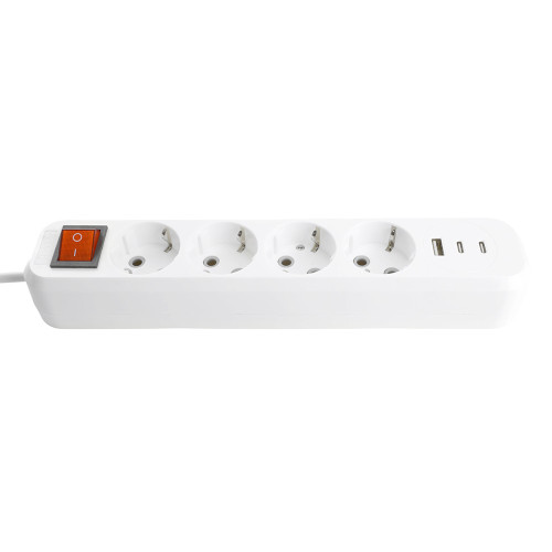 Удлинитель 4-местный с/з с выключ. STEKKER HM071-41-02 3x1мм2, 2м, 250В, 16А, 1USB+2C, 2.4A, сер Home, белый