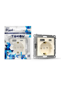 Розетка 1-м СП Pixel с заземл. с 2-мя заряд. устр. USB тип A+C IP20 механизм беж. TOKOV ELECTRIC TKE-PX-R1U2AC-C02