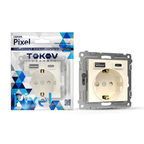 Розетка 1-м СП Pixel с заземл. с 2-мя заряд. устр. USB тип A+C IP20 механизм беж. TOKOV ELECTRIC TKE-PX-R1U2AC-C02