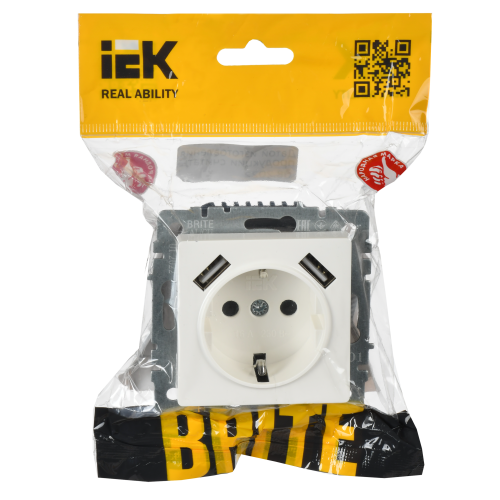 BRITE Розетка 1-местная с заземлением с защитными шторками 16А с USB A+A 5В 2,1А РЮш10-1-БрБ белый IEK BRITE Розетка 1-местная с заземлением с защитными шторками 16А с USB A+A 5В 2,1А РЮш10-1-БрБ белый IEK