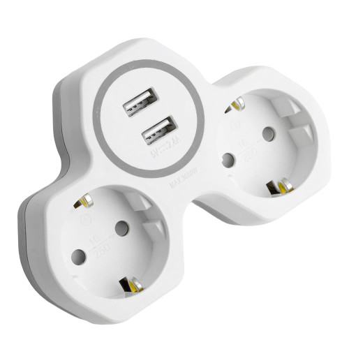 Разветвитель сетевой 2-местный с/з STEKKER ADP16-14-20, 250V, 16A и 2-мя USB выходами на 2,4А, огнеустойчивый пластик, белый/серый Разветвитель сетевой 2-местный с/з STEKKER ADP16-14-20, 250V, 16A и 2-мя USB выходами на 2,4А, огнеустойчивый пластик, белый/серый