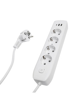 Удлинитель 4-местный c/з 3x1 мм2, 1,8 м, 250В, 10А, 2USB+1Type-C 2,4А, серия Home plus, белый STEKKER HM08-43-02