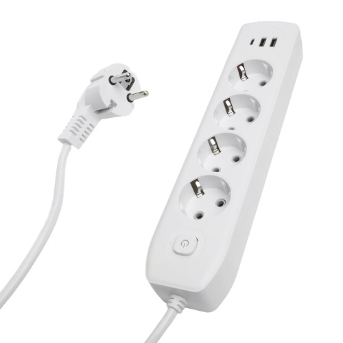 Удлинитель 4-местный c/з 3x1 мм2, 1,8 м, 250В, 10А, 2USB+1Type-C 2,4А, серия Home plus, белый STEKKER HM08-43-02
