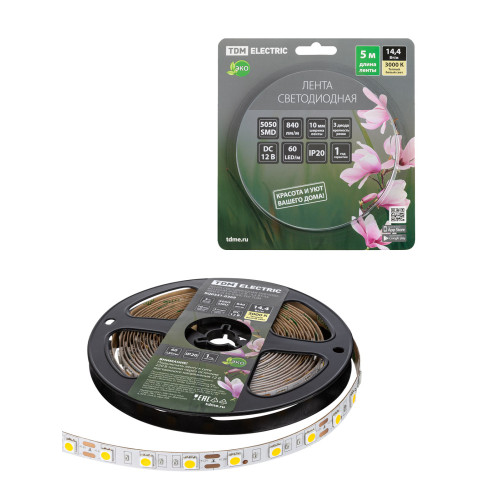 Лента светодиодная SMD5050-60 LED/м-IP20-12 В-14,4 Вт/м-3000 К (5 м) блистер TDM