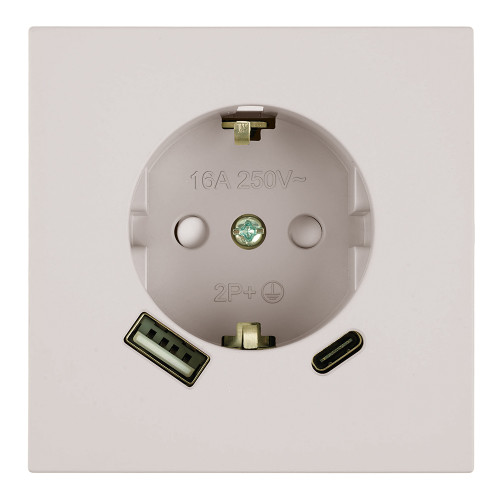 Розетка 1-местная з/ш с/з 16А + USB + Type C (механизм), STEKKER, 250В, 20W, серия Мия, RST16-3119-08, пудровый жемчуг