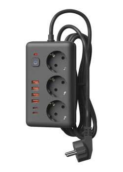 Удлинитель с сетевым фильтром 3х5м 10А 4USB + 2USBC 2500Вт ПВС 3х1 прямоуг. черн. КОСМОС FKsmPR-5m-3g(B)USB
