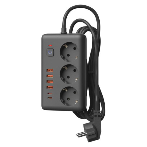 Удлинитель с сетевым фильтром 3х5м 10А 4USB + 2USBC 2500Вт ПВС 3х1 прямоуг. черн. КОСМОС FKsmPR-5m-3g(B)USB