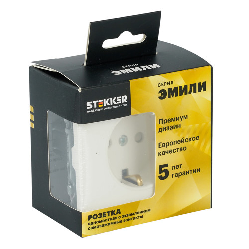 Розетка 1-местная с з/ш, с/з (механизм), СЗК, STEKKER, 250В, 16А, серия Эмили, RST16-5110-01ZK, белый фарор, soft touch Розетка 1-местная с з/ш, с/з (механизм), СЗК, STEKKER, 250В, 16А, серия Эмили, RST16-5110-01ZK, белый фарор, soft touch