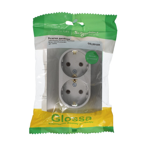 GLOSSA РОЗЕТКА двойная с заземлением без шторок, 16А, в сборе, ПЛАТИНА GLOSSA РОЗЕТКА двойная с заземлением без шторок, 16А, в сборе, ПЛАТИНА