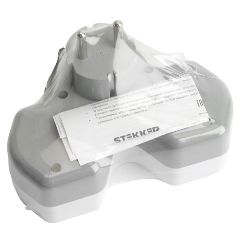 Разветвитель сетевой 3-местный с/з STEKKER ADP16-13-20, 250V,16A, ABS огнеустойчивый пластик,белый/серый