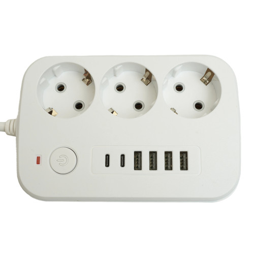 Удлинитель 3-местный c/з 3x1 мм2, 1,8 м, 250В, 10А, 4USB+2Type-C 2,4А, серия Home plus, белый STEKKER HM09-36-02