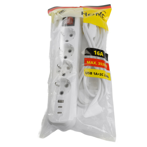Удлинитель 4-местный с/з с выключ. STEKKER HM071-41-05 3x1мм2, 5м, 250В, 16А, 1USB+2C, 2.4A, сер Home, белый Удлинитель 4-местный с/з с выключ. STEKKER HM071-41-05 3x1мм2, 5м, 250В, 16А, 1USB+2C, 2.4A, сер Home, белый