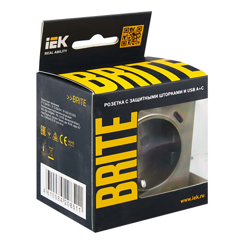 BRITE Розетка 1-местная с заземлением с защитными шторками 16А с USB A+C 18Вт РЮш11-1-БрШ шампань IEK