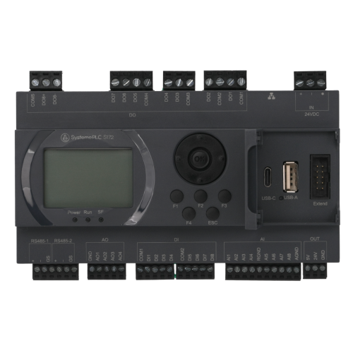 ПЛК S172; 24 VDC; дисплей; 28 IO: 8 DI, 8 DO (реле), 8 AI, 4 AO; 2xRS485, 1xRJ45