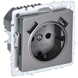BRITE Розетка 1-местная с заземлением с защитными шторками 16А с USB A+A 5В 2,1А РЮш10-1-БрС сталь IEK