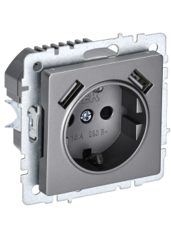 BRITE Розетка 1-местная с заземлением с защитными шторками 16А с USB A+A 5В 3,1А РЮш10-2-БрС сталь IEK