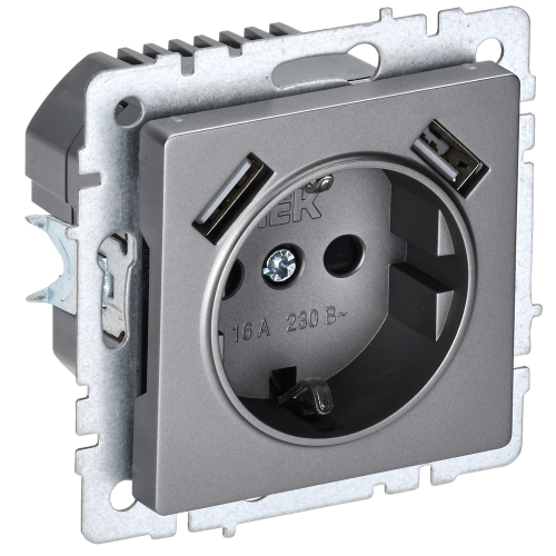 BRITE Розетка 1-местная с заземлением с защитными шторками 16А с USB A+A 5В 2,1А РЮш10-1-БрС сталь IEK