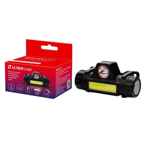 Фонарь аккумуляторный налобный E1340 XPE + COB LED 3Вт 2 режима аккум. 3.7В магнит диммир. черн. (бокс) Ultraflash 14268