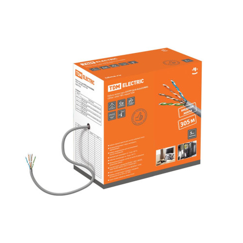 Кабель витая пара U/UTP Cat 6 4х2х23AWG (305м)  solid, ПВХ, серый TDM