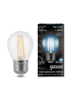 Лампа светодиодная филаментная Black Filament 7Вт P45 шар 4100К нейтр. бел. E27 580лм GAUSS 105802207