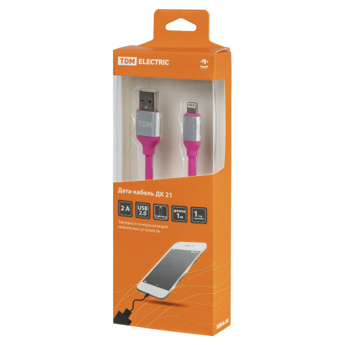 Дата-кабель, ДК 21, USB - Lightning, 1 м, силиконовая оплетка, розовый, TDM Дата-кабель, ДК 21, USB - Lightning, 1 м, силиконовая оплетка, розовый, TDM