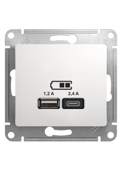 GLOSSA USB РОЗЕТКА А+С, 5В/2,4А, 2х5В/1,2А, механизм, БЕЛЫЙ