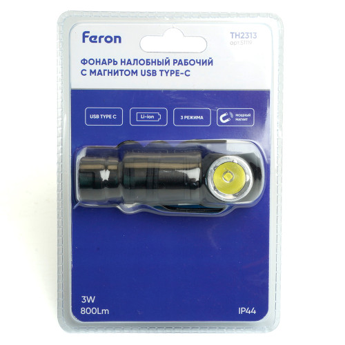 Фонарь налобный Feron TH2313 с аккумулятором 3W 1COB USB IP44, алюминий Фонарь налобный Feron TH2313 с аккумулятором 3W 1COB USB IP44, алюминий