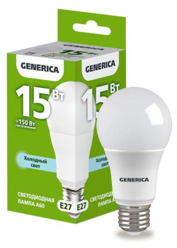 Лампа светодиодная A60 15Вт грушевидная 6500К E27 230В GENERICA LL-A60-15-230-65-E27-G