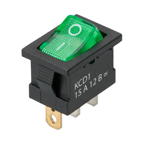 Выключатель клавишный KCD1-101N 12В AC/DC, 1P, 15А, (3с), ON-OFF, черный корпус, зеленая клавиша с LED подсветкой, Mini TDM Выключатель клавишный KCD1-101N 12В AC/DC, 1P, 15А, (3с), ON-OFF, черный корпус, зеленая клавиша с LED подсветкой, Mini TDM