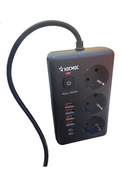Удлинитель с сетевым фильтром 3х1.5м 10А 4USB + 2USBC 2500Вт ПВС 3х1 прямоуг. черн. КОСМОС FKsm1.5m-3gPF(B)USB