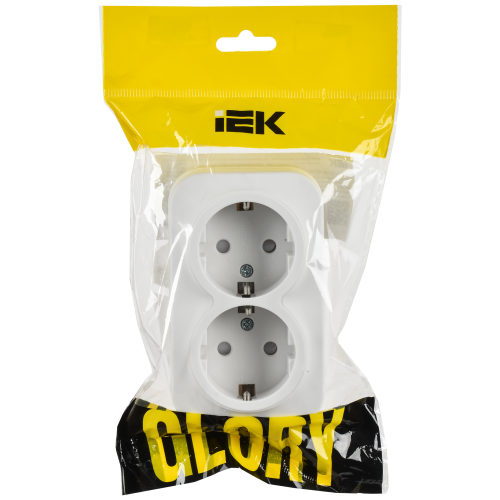 GLORY Розетка 2-местная для открытой установки с заземлением с защитными шторками 16А РСш22-3-ХБм белый матовый IEK
