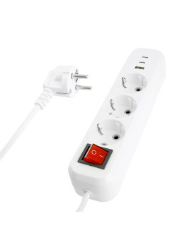 Удлинитель 3-местный с/з с выключ. STEKKER HM071-31-03 3x1мм2, 3м, 250В, 16А, 1USB+2C, 2.4A, сер Home, белый
