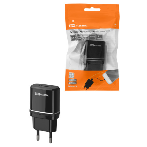 Сетевое зарядное устройство, СЗУ 3, 2,1 А, 1 USB, черный, TDM