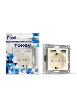 Розетка 1-м СП Pixel с заземл. с 2-мя заряд. устр. USB тип A+A механизм беж. TOKOV ELECTRIC TKE-PX-R1U2A-C02