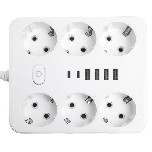 Удлинитель 6-местный c/з 3x1 мм2, 3 м, 250В, 10А, 4USB+2Type-C 2,4А, серия Home plus, белый STEKKER HM09-66-02 Удлинитель 6-местный c/з 3x1 мм2, 3 м, 250В, 10А, 4USB+2Type-C 2,4А, серия Home plus, белый STEKKER HM09-66-02