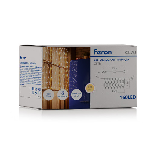 Светодиодная гирлянда Feron CL70 сеть 1,5х1,5м + 1.5м 230V 2700К, c питанием от сети, прозрачный шнур Светодиодная гирлянда Feron CL70 сеть 1,5х1,5м + 1.5м 230V 2700К, c питанием от сети, прозрачный шнур