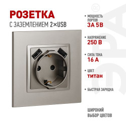 Розетка ЭРА Elegance 14-4109-16 2P+E 16A-250В штор. с 2xUSB 5В-3А титан Эра Б0065775
