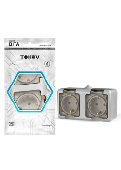 Розетка 2-м ОП Dita 16А IP54 250В с заземл. с прозр. крышкой сер.TOKOV ELECTRIC TKL-DT-R2Z-C06T-IP54
