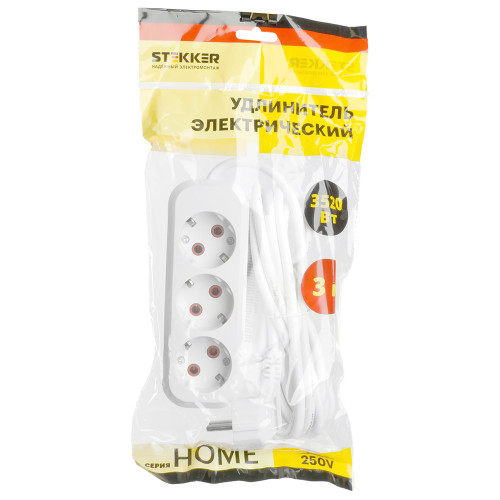 Удлинитель трехместный с/з  STEKKER HM06-31-03 3x1мм2, 3м, серия Home, белый