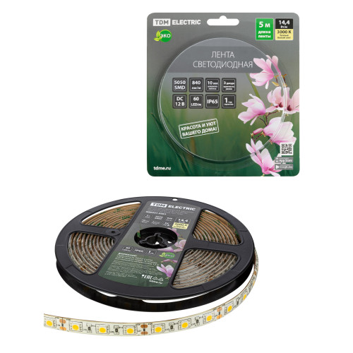 Лента светодиодная SMD5050-60 LED/м-IP65-12 В-14,4 Вт/м-3000 К (5 м) блистер TDM