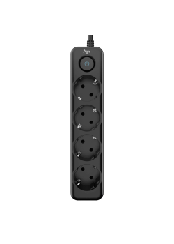Cетевой фильтр AGNI плоский TP-FD4E-2m-black, 4 розетки Schuko, чёрный, кабель 2 метра, мощность нагрузки 4000 Вт, 16А, заземление, защита от короткого замыкания, сечение кабеля 3 х 1.5 кв.мм., размер 235x54x40 мм.